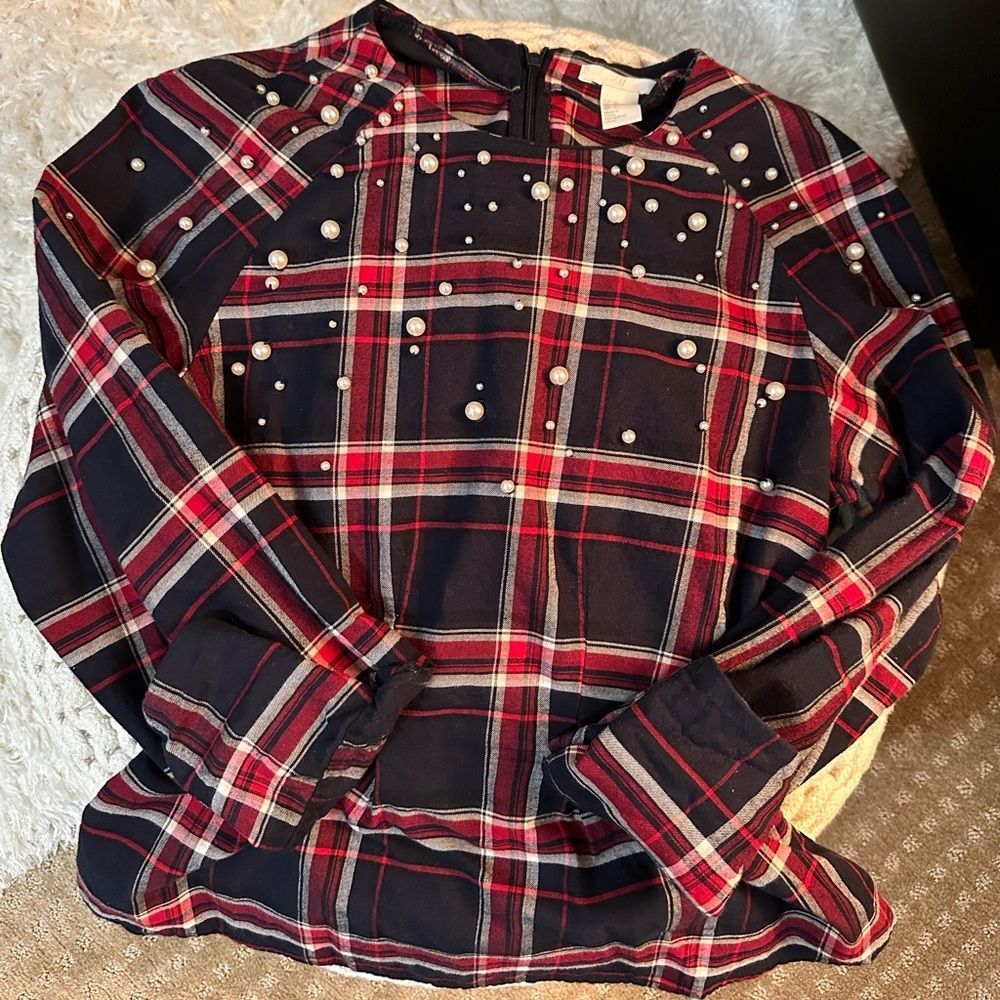 H&M Pearl Embellished Plaid Blouse
